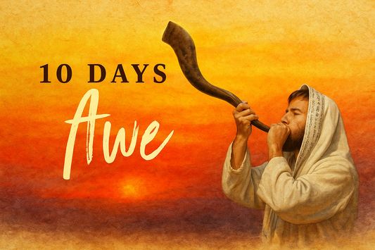 Ten Days of Awe banner featuring a person blowing a shofar against a golden sunset background