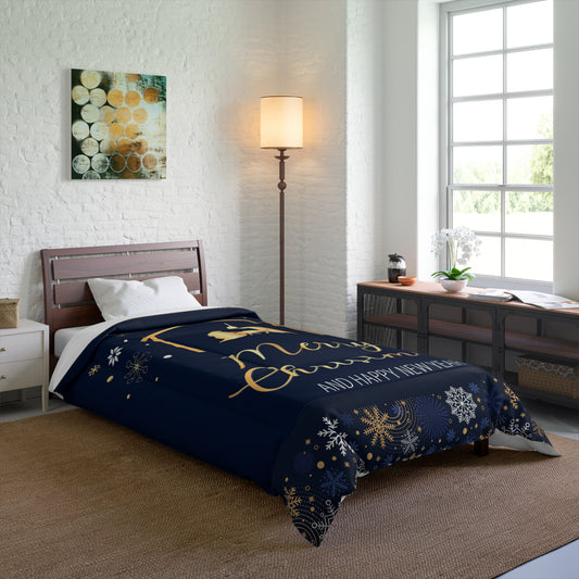 Nativity Christmas Comforter - Navy Blue with Merry Christmas & Happy New Year - JESUS Birth Scene