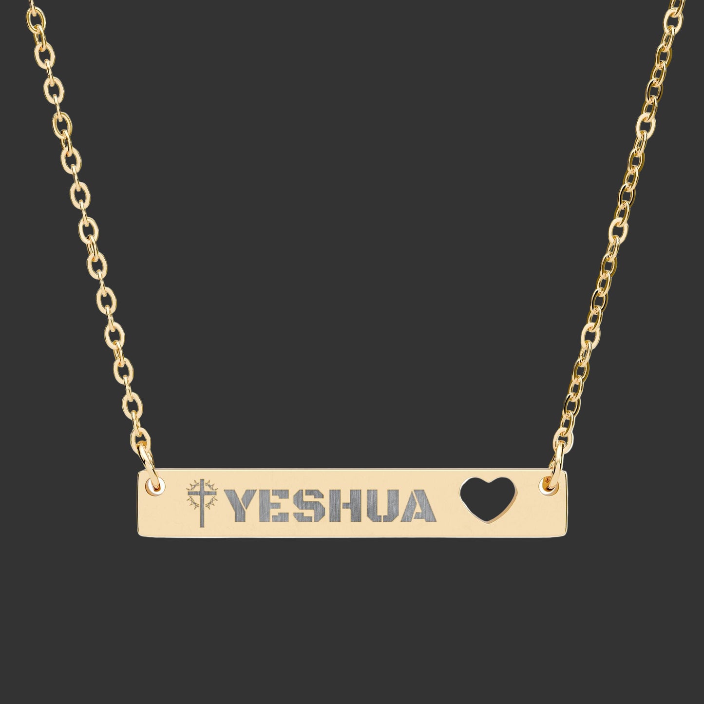 Engravable Cutout Heart Bar Necklace with YESHUA and Cross