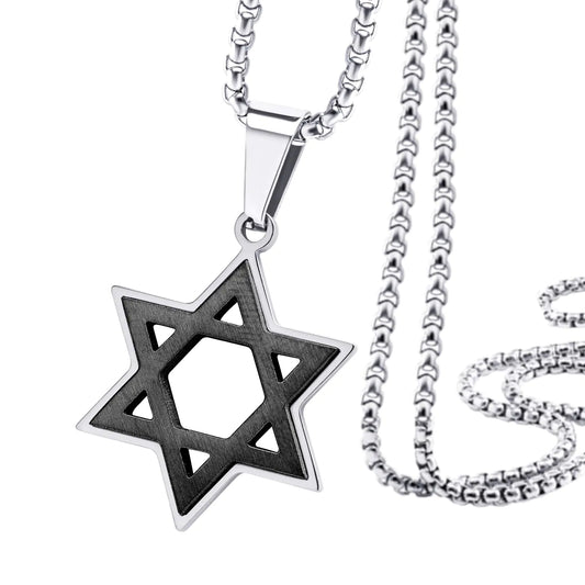 555Jewelry Stainless Steel Star of David Necklace for Men Box Chain Star Of David Necklace for Women Small Jewish Star Necklace Mens Jewish Star Necklace 22 Inch Silver & Black