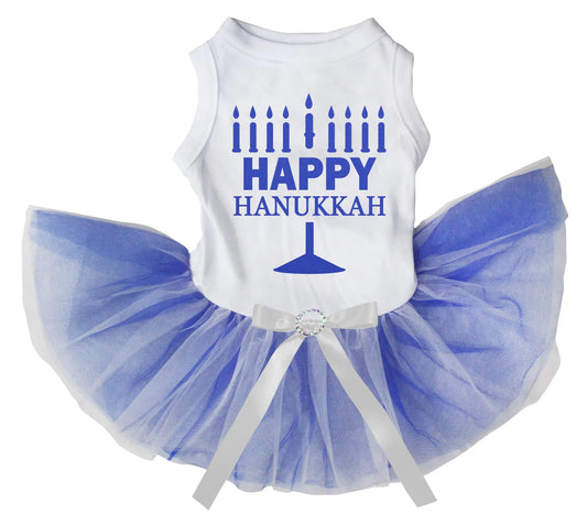 Happy Hanukkah Dog Dress - White/Blue XXX-Large