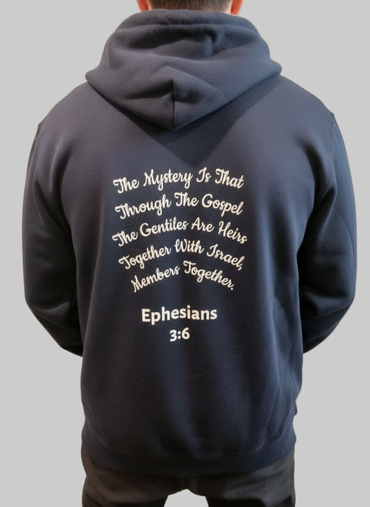 Navy blue hoodie with white text on the back, featuring a Biblical quote. (Ephesians 3:6)