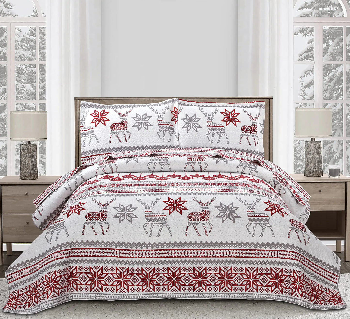 Winter Wonderland Christmas Quilt Queen Bedding Set with Reindeers and Snowflakes