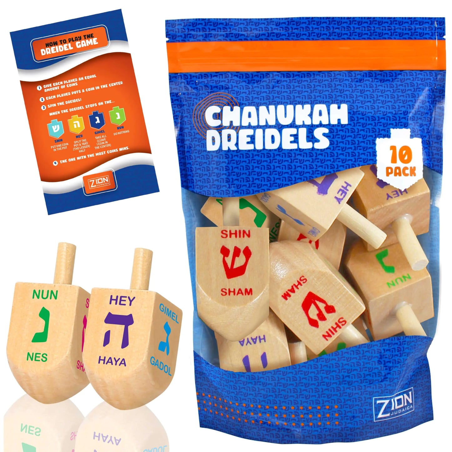 Zion Judaica 10 Pack Wood Dreidels for Hanukkah with Dreidel Game Guide in a Reusable Zip Lock Bag Medium Size Bulk Pack Wooden Chanukah Driedels with Letters and English Transliteration