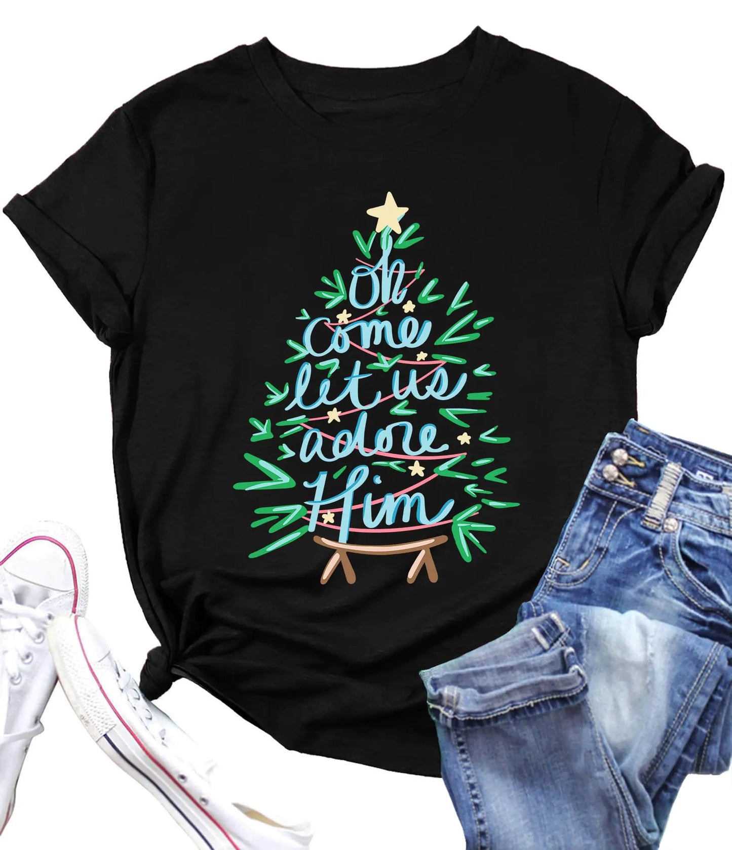 Ithalt Women's Christian Christmas T-Shirt (Oh Come Let Us Adore Him)