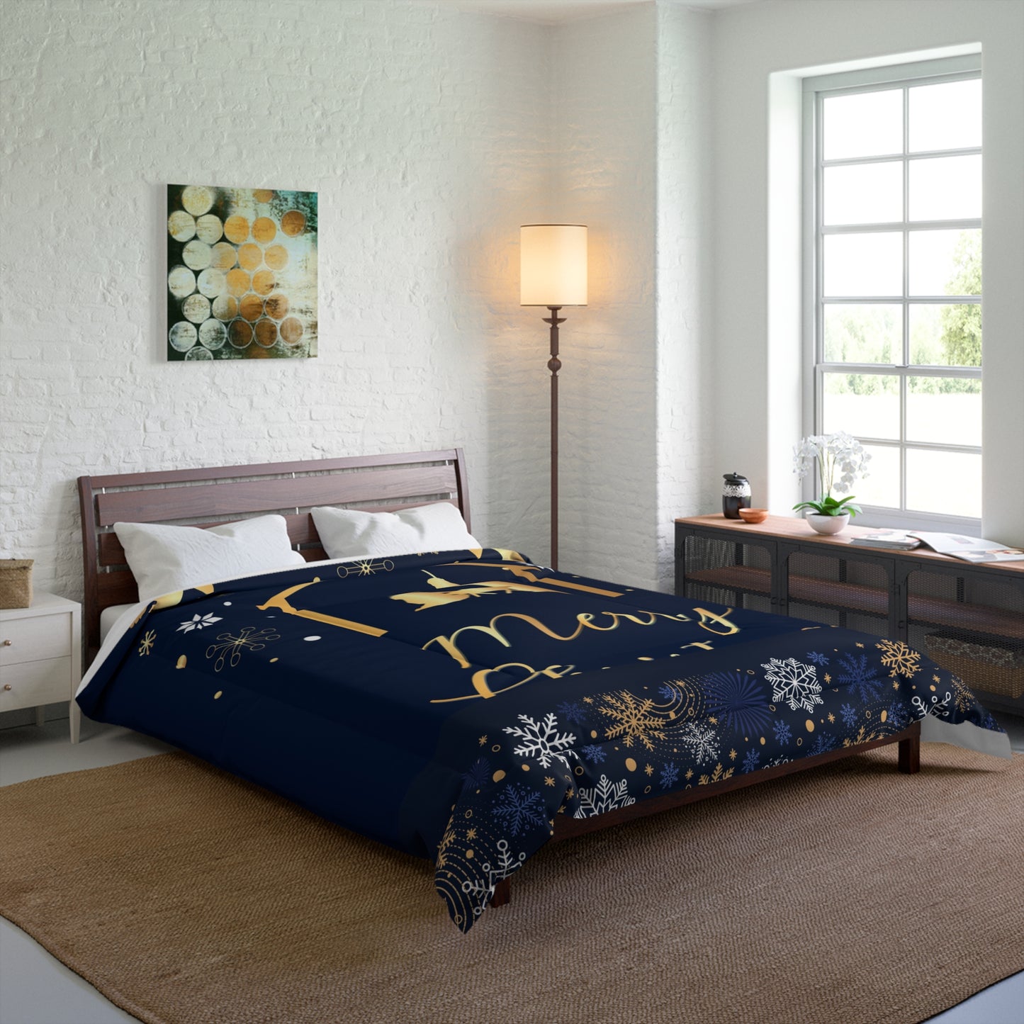 Nativity Christmas Comforter - Navy Blue with Merry Christmas & Happy New Year - JESUS Birth Scene