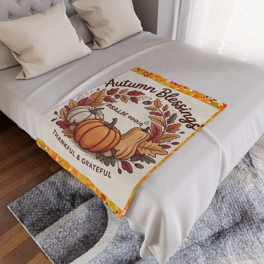 SHALOM & GRACE COLLECTION Blanket - Autumn Harvest Blessing Warm Fall Colors, Leaves, Pumpkins with Psalm 100:4 Listed In The Middle of Blanket