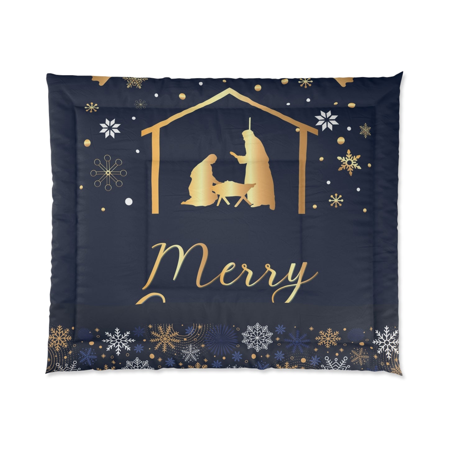 Nativity Christmas Comforter - Navy Blue with Merry Christmas & Happy New Year - JESUS Birth Scene