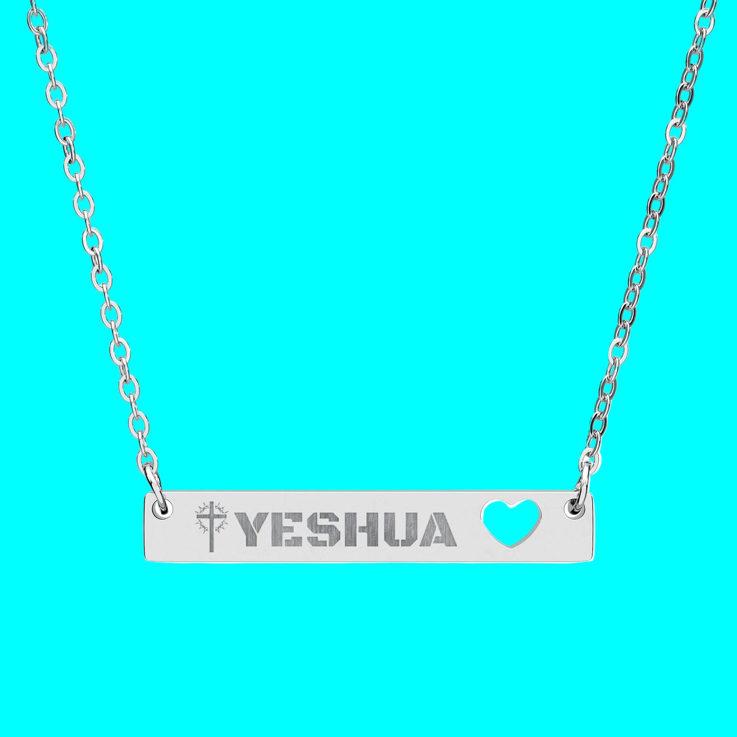 Engravable Cutout Heart Bar Necklace with YESHUA and Cross