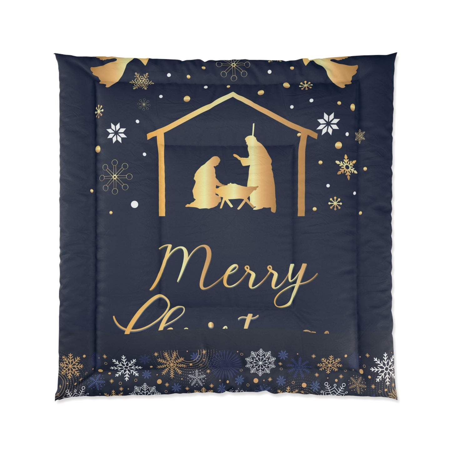 Nativity Christmas Comforter - Navy Blue with Merry Christmas & Happy New Year - JESUS Birth Scene