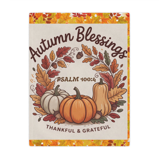 SHALOM & GRACE COLLECTION Blanket - Autumn Harvest Blessing Warm Fall Colors, Leaves, Pumpkins with Psalm 100:4 Listed In The Middle of Blanket