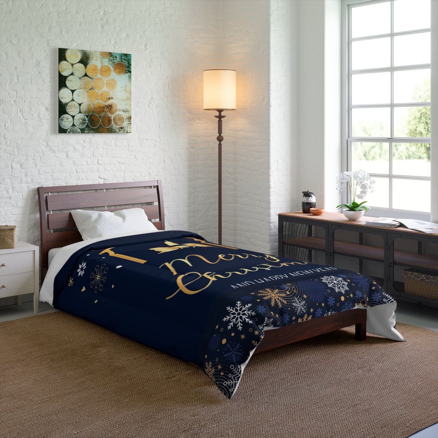 Nativity Christmas Comforter - Navy Blue with Merry Christmas & Happy New Year - JESUS Birth Scene