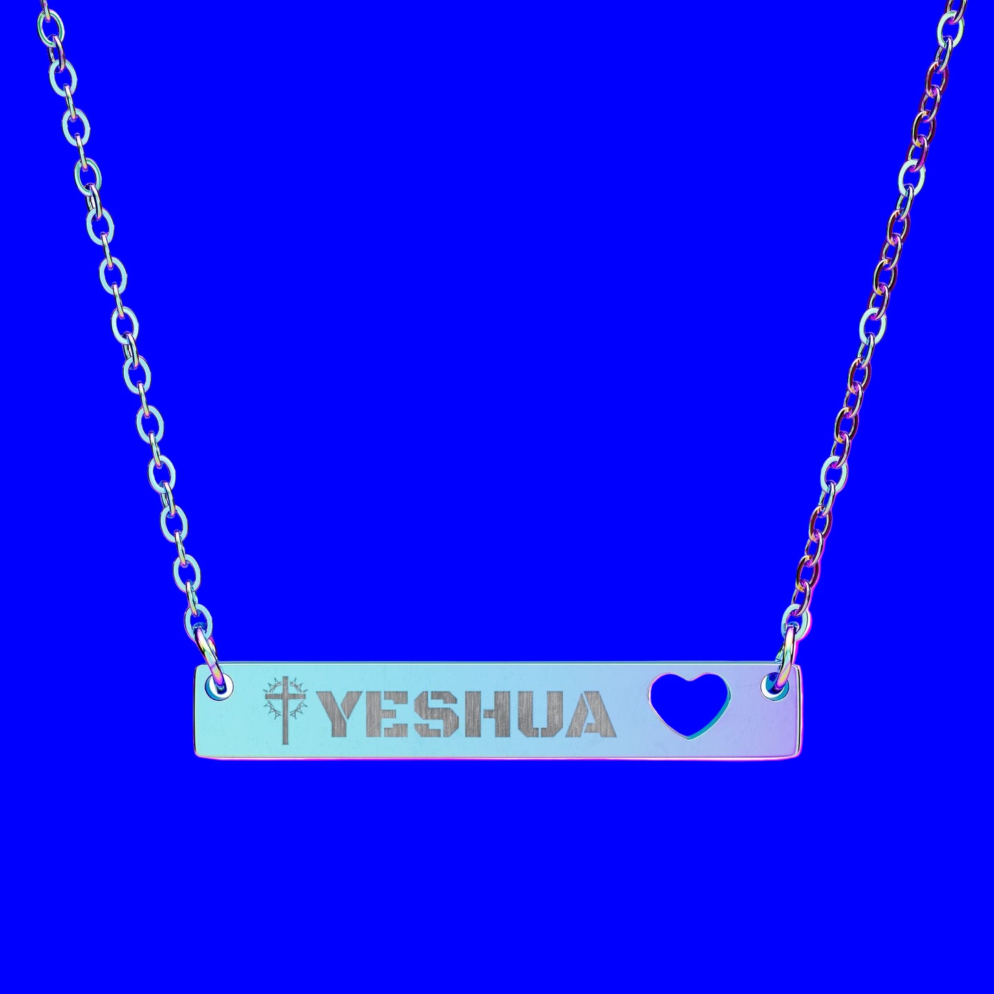 Engravable Cutout Heart Bar Necklace with YESHUA and Cross