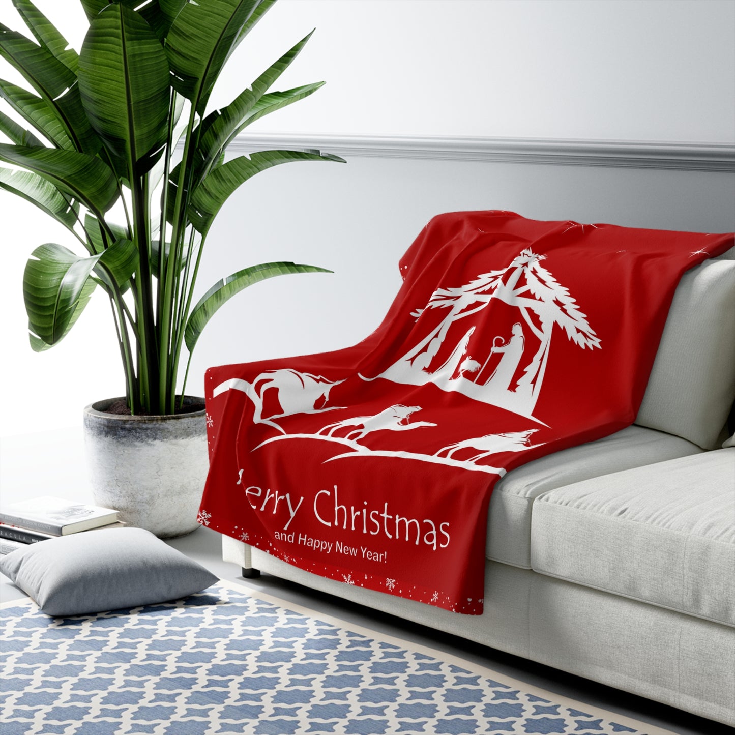 Christmas Nativity Sherpa Blanket — "Merry Christmas and Happy New Year" Cozy Throw