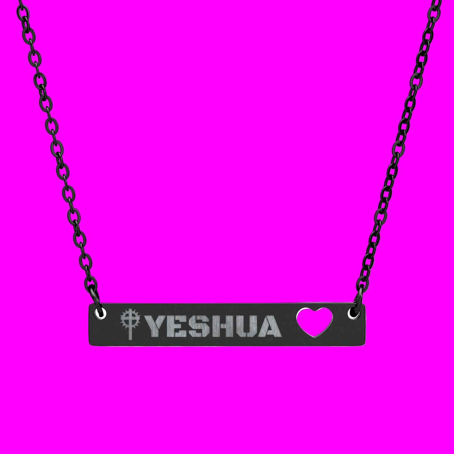 Engravable Cutout Heart Bar Necklace with YESHUA and Cross