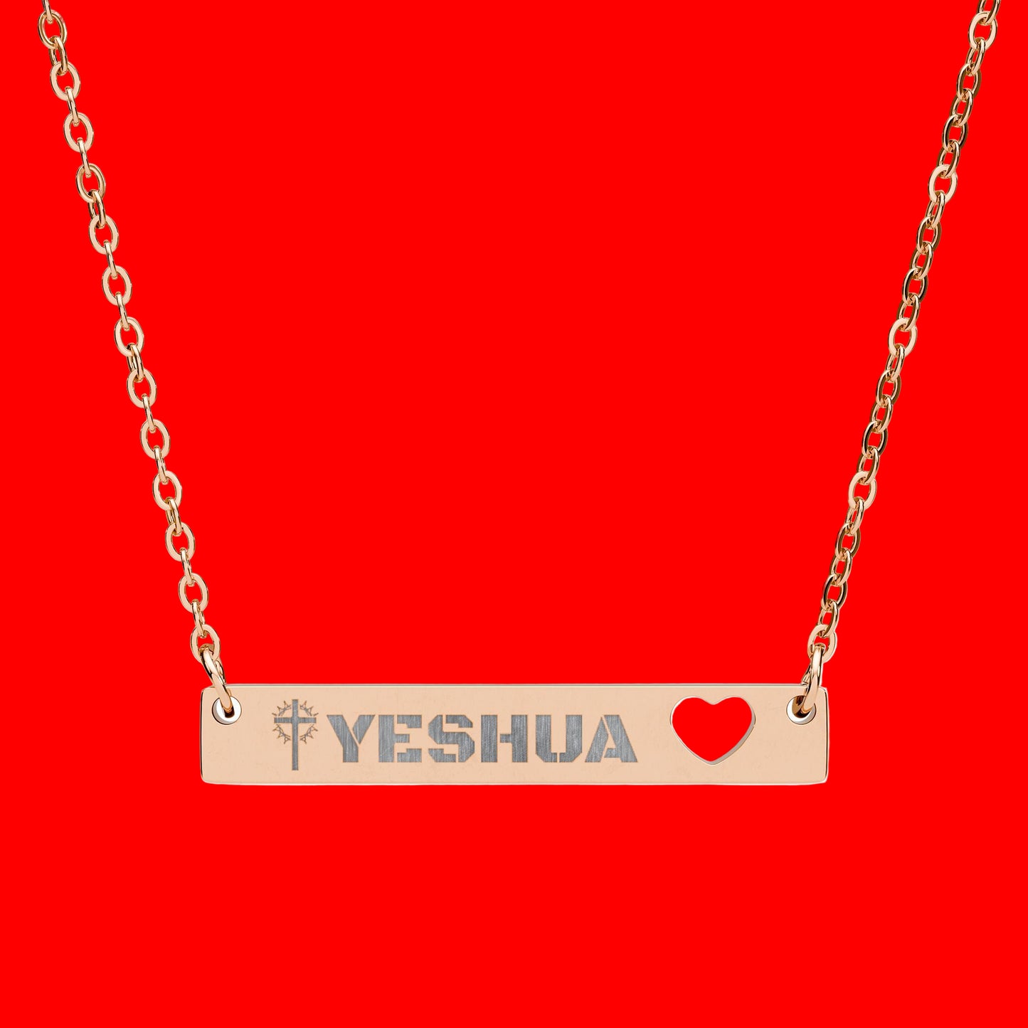 Engravable Cutout Heart Bar Necklace with YESHUA and Cross