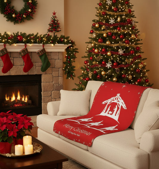 Christmas Nativity Sherpa Blanket — "Merry Christmas and Happy New Year" Cozy Throw