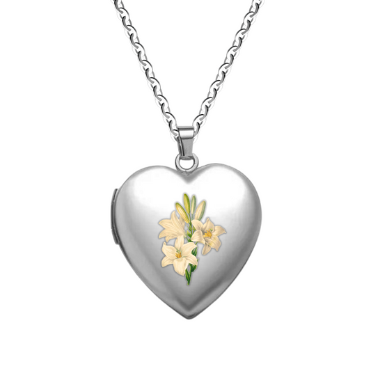 Lily Heart Locket Necklace: Luke 12:27-28