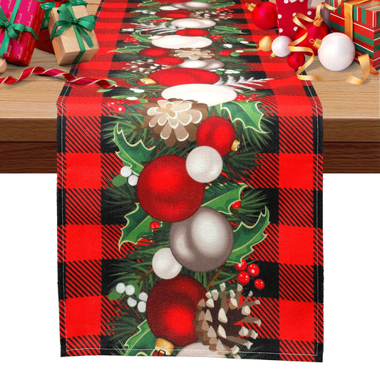 Festive Christmas Red & Black Plaid Table Runner with Decorative Ornaments