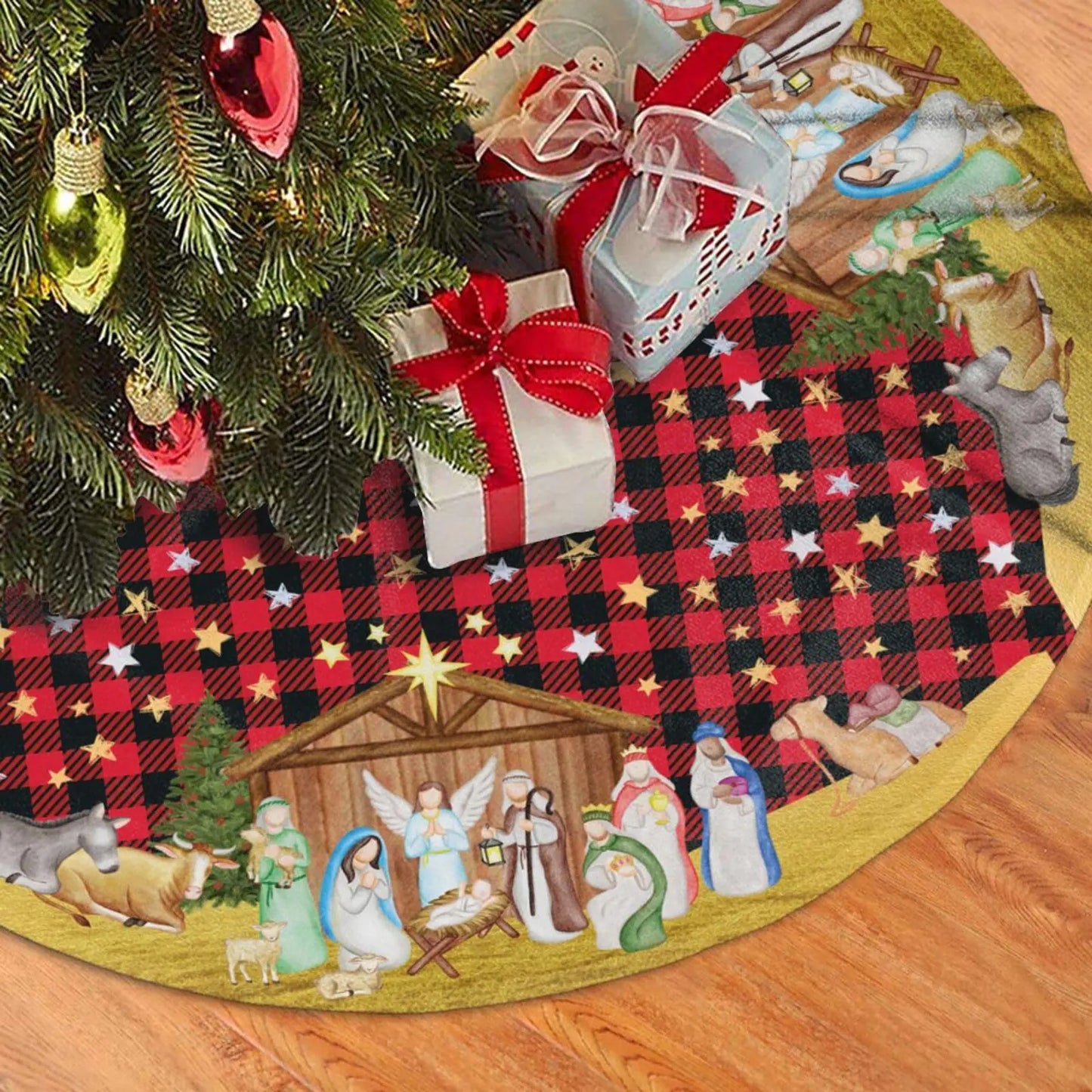 Buffalo Plaid Christmas Tree Skirt with Nativity Scene