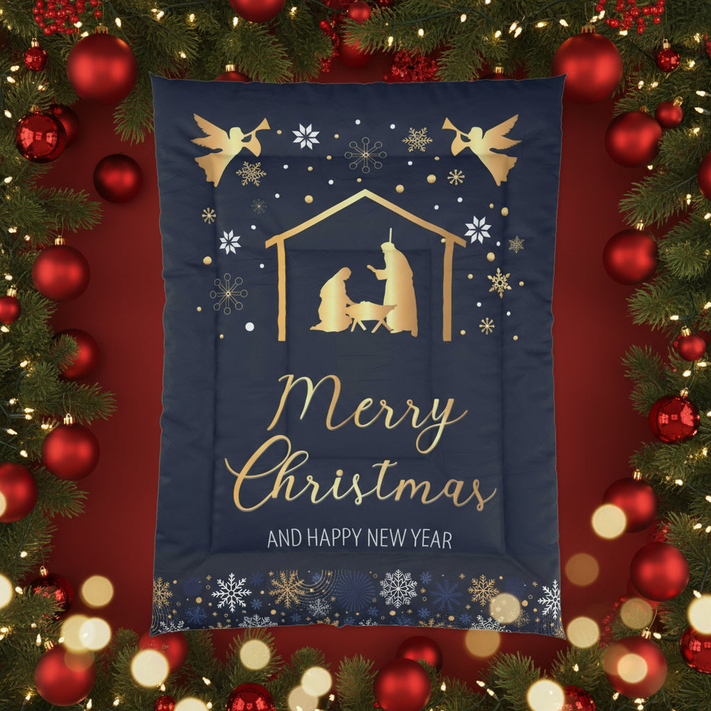 Nativity Christmas Comforter - Navy Blue with Merry Christmas & Happy New Year - JESUS Birth Scene