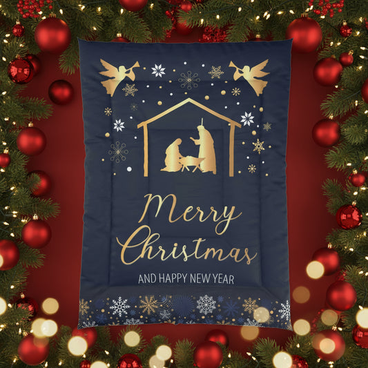 Nativity Christmas Comforter - Navy Blue with Merry Christmas & Happy New Year - JESUS Birth Scene