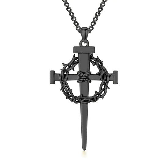 Lattd Nail Cross Necklace 925 Sterling Silver Black Crown of Thorn Nail Cross Pendant Christian Jewelry Gift for Men Women (01-Nail Cross & Crown 02-Black)