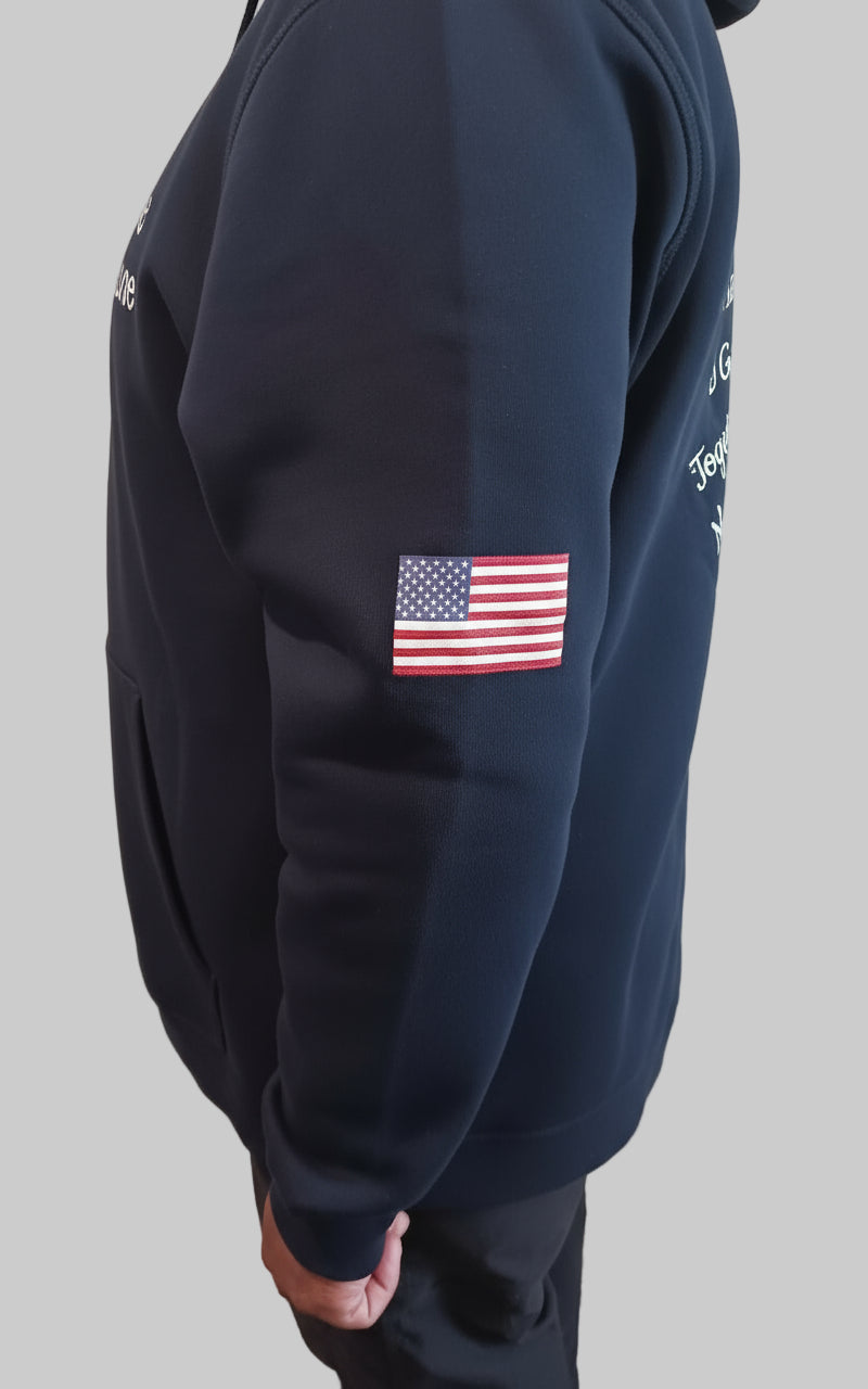 Navy Blue Hoodie with American Flag Patch on Left Sleeve 