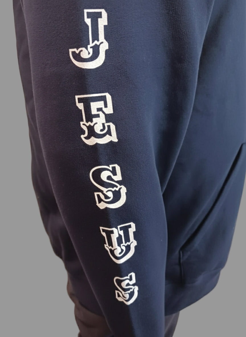 Navy Blue Hoodie Right Sleeve with "JESUS" in Bold Letters on The Sleeve