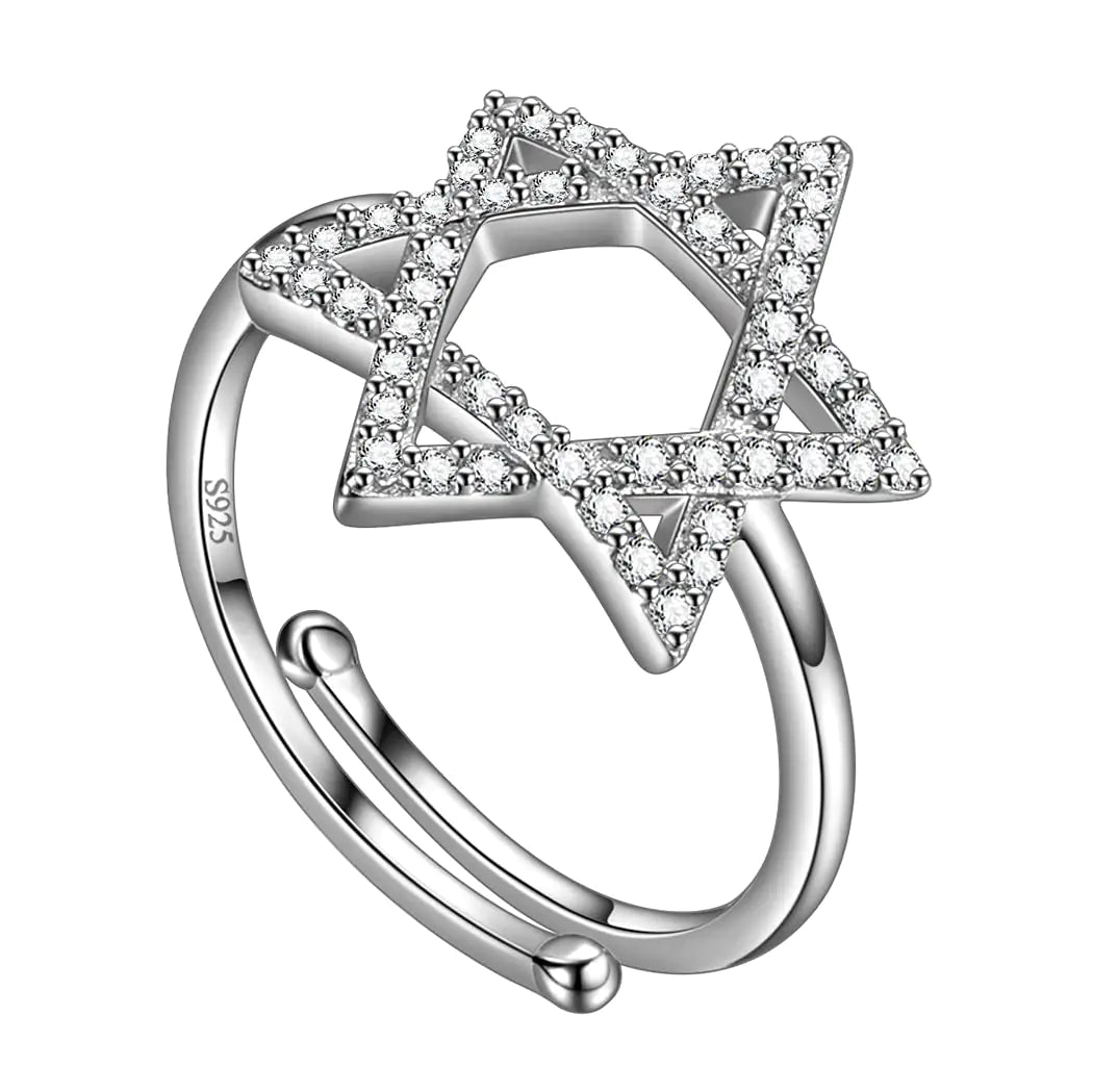 Cubic Zirconia Iced Out Star of David Ring Adjustable Magen David Star Band Ring for Mens Womens 925 Sterling Silver Jewish Ring Jewelry for Wedding Engagement Bridesmaid Gift FR0041W