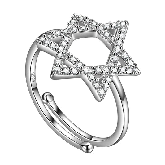 Cubic Zirconia Iced Out Star of David Ring Adjustable Magen David Star Band Ring for Mens Womens 925 Sterling Silver Jewish Ring Jewelry for Wedding Engagement Bridesmaid Gift FR0041W