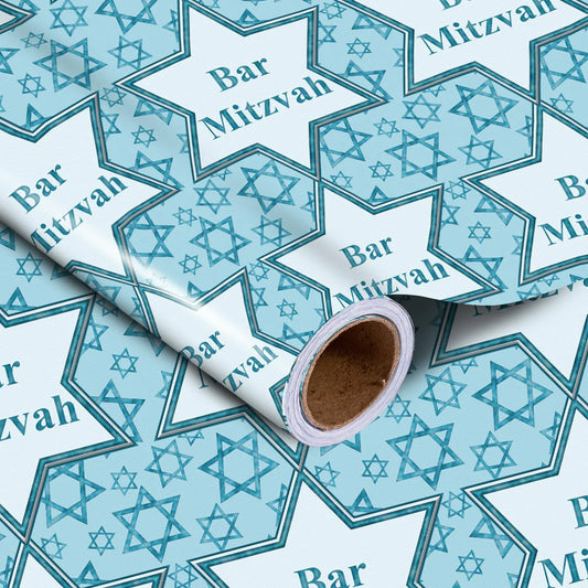 LeZakaa Bar Mitzvah Wrapping Paper Roll with Star Of David Design 13th Jewish Birthday Gift Wrap for Boys Him - 17 inches x 32.8 Feet (46.45 sq.ft.)