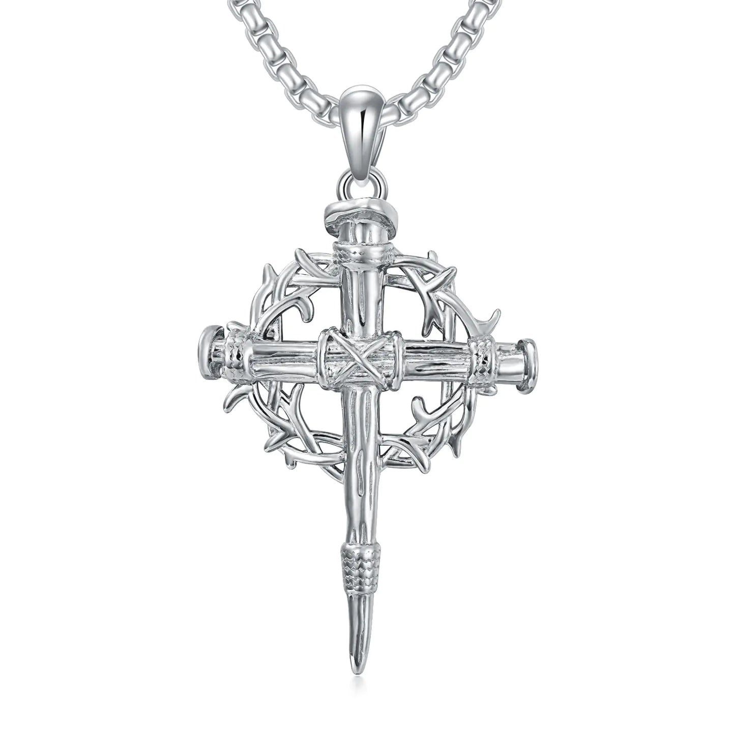 Lattd Nail Cross Necklace 925 Sterling Silver Crown of Thorn Nail Cross Pendant Christian Jewelry Gift for Men Women (01-Nail Cross & Crown 01- Silver)