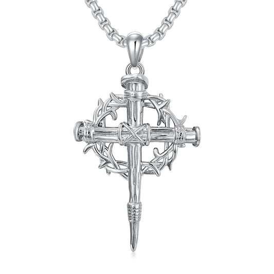 Lattd Nail Cross Necklace 925 Sterling Silver Crown of Thorn Nail Cross Pendant Christian Jewelry Gift for Men Women (01-Nail Cross & Crown 01- Silver)