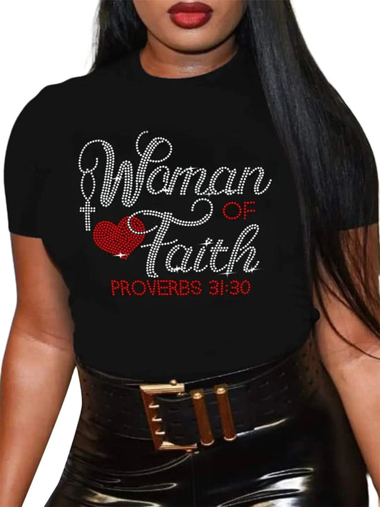 Woman of Faith Shirts "Proverbs 31:30" Christian Rhinestone Bling Women Short Sleeve Graphic Tops Black l